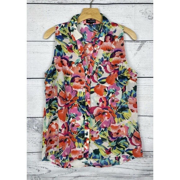 The Limited M Sleeveless Polyester Blend Bright Florals Collared Tank Blouse - Picture 1 of 7